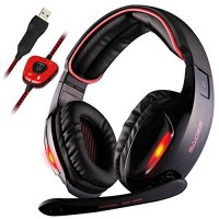 Sades SA902 7.1 Channel Virtual USB Surround Stereo Wired PC Gaming Headset Over Ear Headphones with Mic Revolution Volume Control Noise Canceling LED Light (Black/Red)