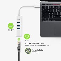 Omars USB-C to 3-Port USB 3.0 Hub with Ethernet Adapter for USB Type-C Devices Including MacBook 2016, ChromeBook Pixel and More (Silver Aluminum)